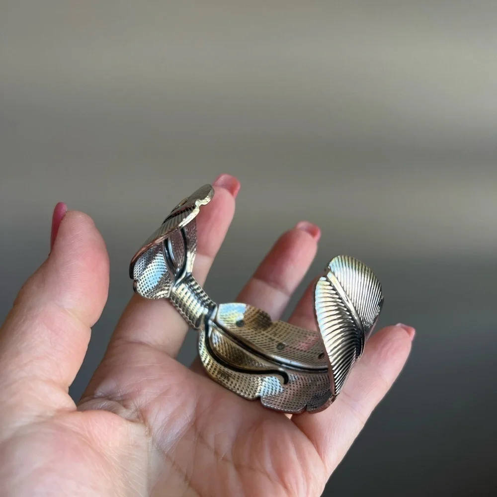 Cuff Bracelet silver tone and cream colored stones, fashion jewelry